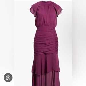 Mila Mae Plum Ruched Maxi Dress | Flutter Sleeve Chiffon Dress |  Size M
